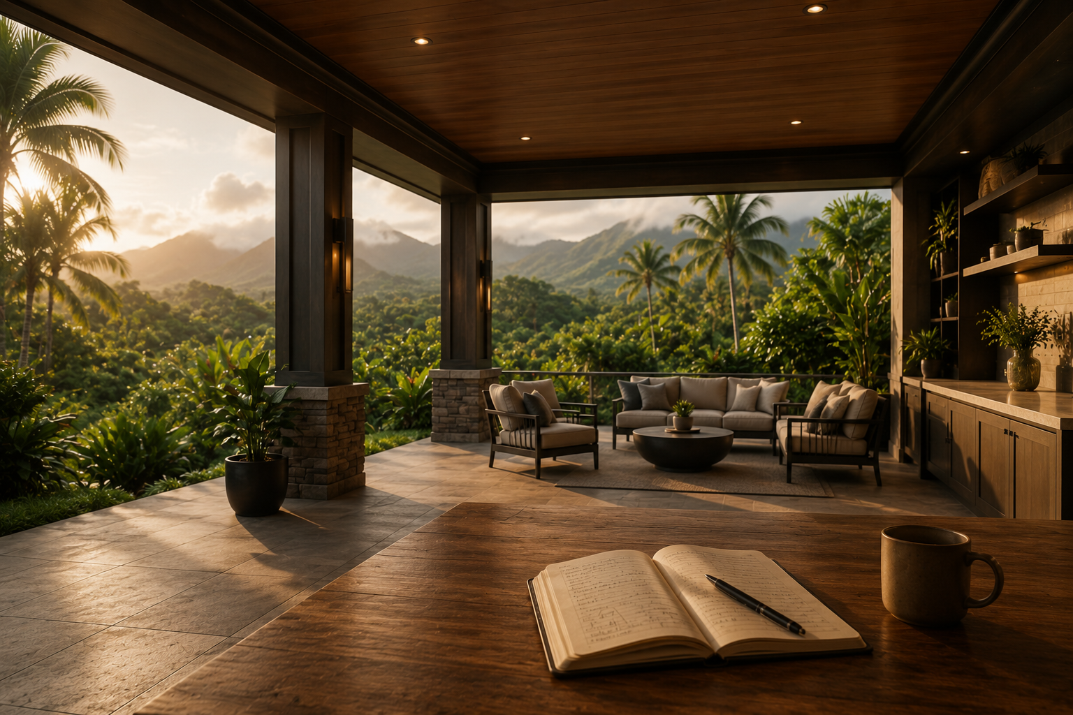 Open field notebook and pen on a table overlooking a covered Florida lanai at sunset.